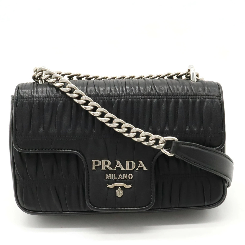 Prada Nappa Gaufre Gathered Shoulder Bag Chain Pouch Clutch Leather NERO Black
